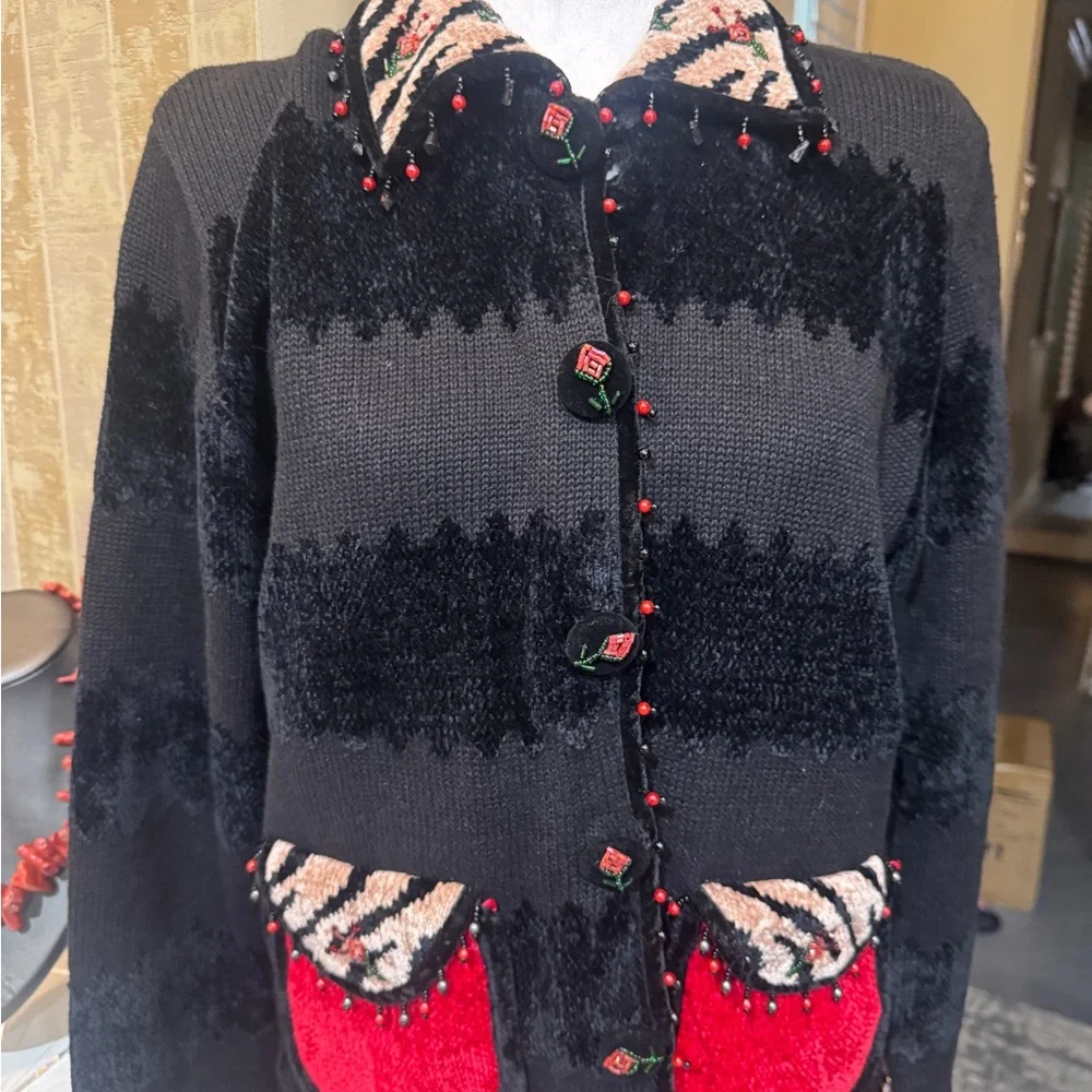 Vintage Berek Classy Black and Red Women's Button‎ Sweater Size Medium